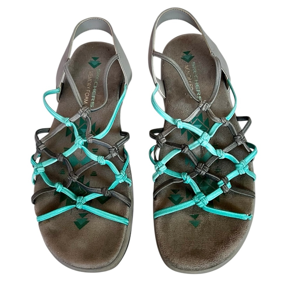 Skechers Memory Foam Turquoise & Gray Strappy Stretchy Sandals Sz 7